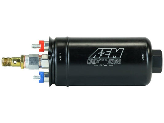 AEM 400LPH High Pressure Inline Fuel Pump - M18x1.5 Female Inlet to M12x1.5 Male Outlet — AEM