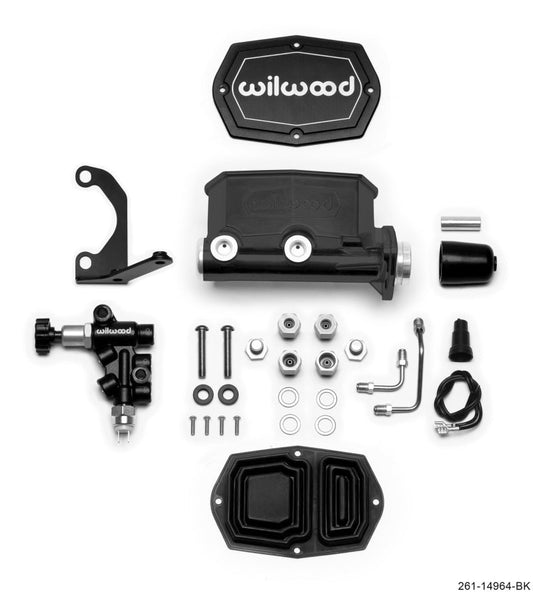 Wilwood Compact Tandem M/C - 1.12in Bore - w/Bracket and Valve - Black — Wilwood