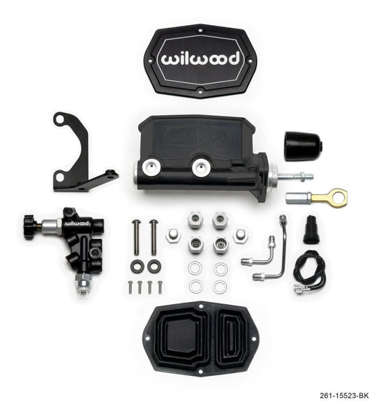 Wilwood Compact Tandem M/C - 15/16in Bore w/Bracket and Valve fits Mustang (Pushrod) - Black — Wilwood