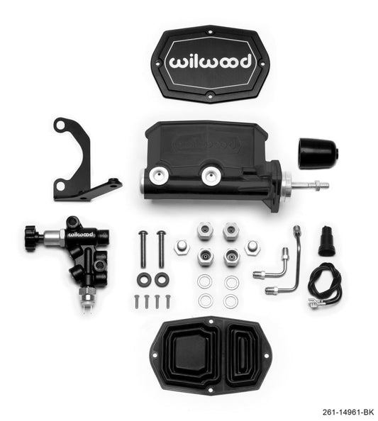 Wilwood Compact Tandem M/C - 7/8in Bore - w/Bracket and Valve (Pushrod) - Black — Wilwood