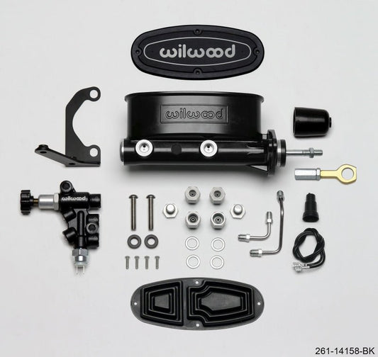 Wilwood HV Tandem M/C Kit w L/H Bracket & Prop Valve - 15/16in Bore Black-W/Push. - Early Mustang — Wilwood