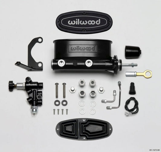 Wilwood HV Tandem M/C Kit w L/H Bracket & Prop Valve - 7/8in Bore Black-W/Push. - Early Mustang — Wilwood