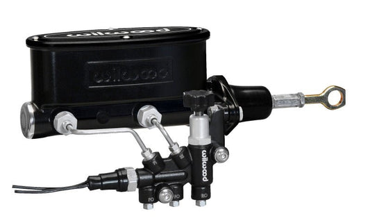 Wilwood HV Tandem M/C Kit w L/H Bracket & Prop Valve - 7/8in Bore Black-W/Push. - Early Mustang — Wilwood