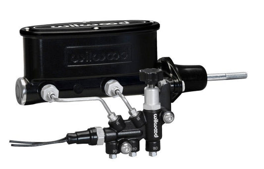 Wilwood HV Tandem M/C Kit w L/H Bracket & Prop Valve - 7/8in Bore Black-W/Pushrod — Wilwood